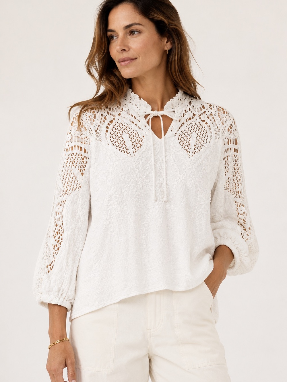 XCVI Crochet Yoke Boho Blouse Tassel Tie Embroidered White Cotton Size M